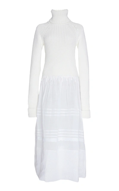 Loewe Wool Rib-knit & Organdy Sheer Midi Dress In White