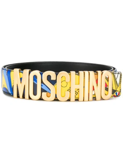 Moschino Printed Logo Buckle Belt In Blue Multi