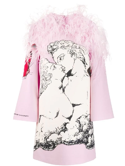Valentino Feather-shoulder Lovers Graphic Crepe Cocktail Dress In Pink
