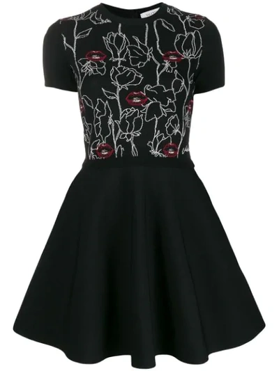 Valentino Lips & Rose Embroidered Fit-&-flare Dress In Black