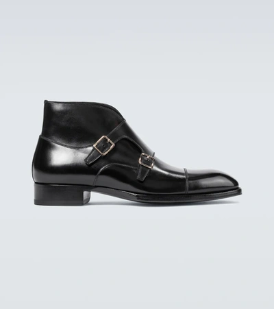Tom Ford Kensington Pebble-grain Leather Monk-strap Boots In Black