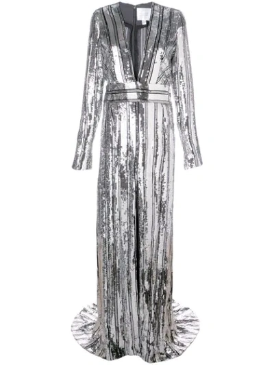 Galvan Sequin-striped Long-sleeve Deep V Gown In Silver