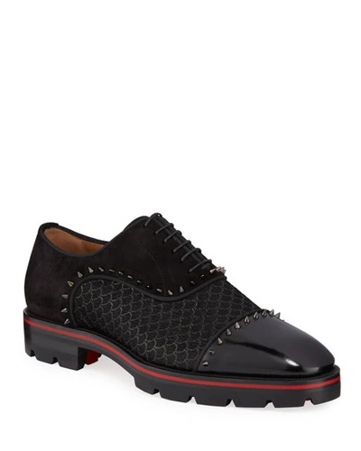 Christian Louboutin Men's Champignac Red-sole Spiked Leather Jacquard Oxford Shoes In Black