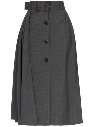 Prada Pleated Prince Of Wales Checked Wool-blend Midi Skirt In Blue