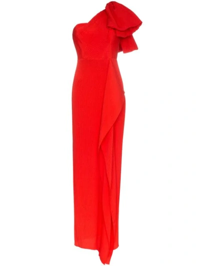 Roland Mouret Belhaven One-shoulder Bow-detailed Silk-jacquard Gown In Red