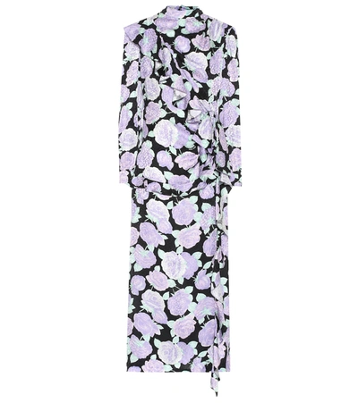 Miu Miu Crystal-embellished Ruffled Floral-print Silk-jacquard Maxi Dress In Purple