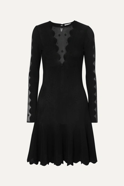 Alexander Mcqueen Lace-paneled Ribbed-knit Dress In Black