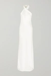 Galvan Mayfair Halterneck Asymmetric Satin Gown In Off White