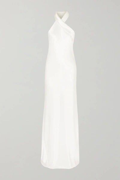 Galvan Mayfair Halterneck Asymmetric Satin Gown In White