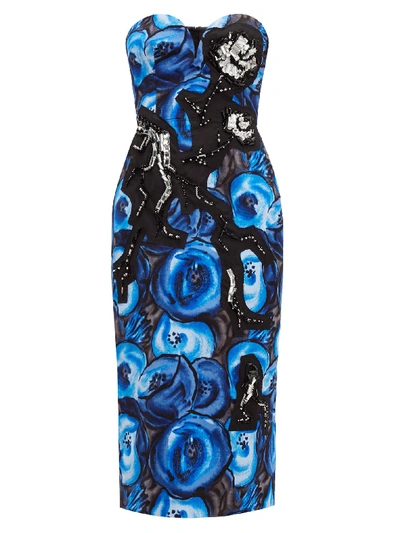 Prada Strapless Crystal-embellished Floral-print Cotton Dress In Blue