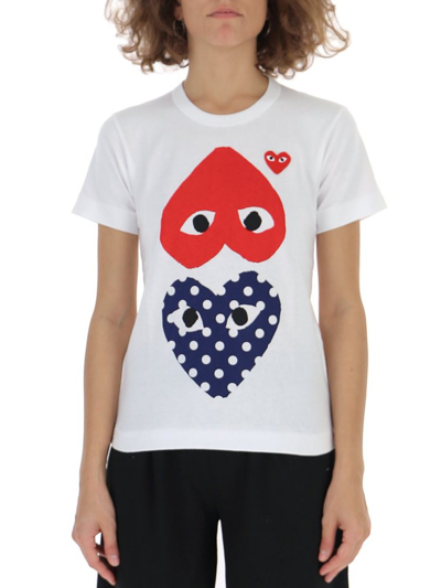 Comme Des Garçons Play White & Red Polka Dot Upside Down Heart T-shirt