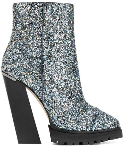 Jimmy Choo Madra 130 Electric Blue Party Coarse Glitter Fabric Platform Ankle Boots