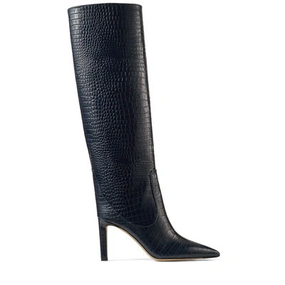 Jimmy Choo Mavis 85 Hohe Stiefel Aus Dunkelblauem Leder Mit Krokodil-relief