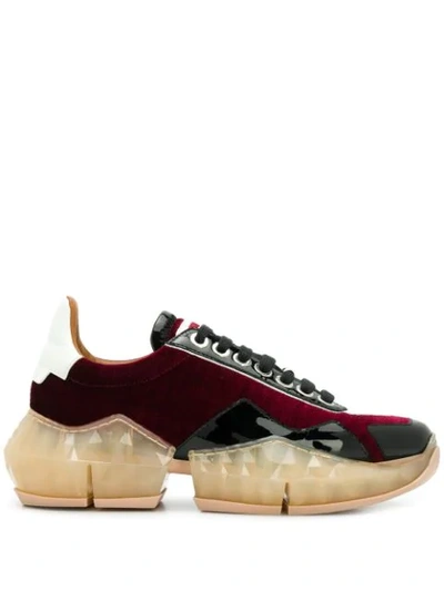 Jimmy Choo Diamond Lizard-print Velvet And Patent-leather Trainers In Red