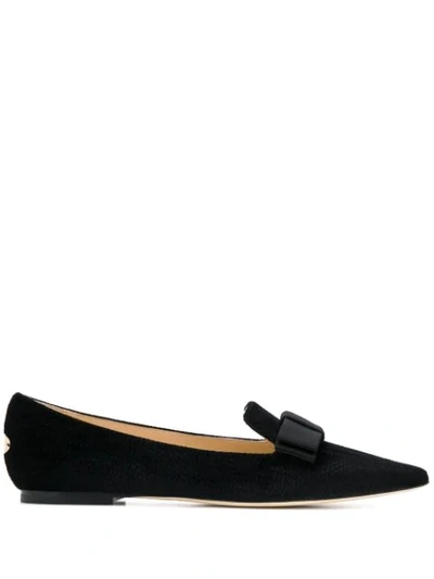 Jimmy Choo Gala Flache Spitze Schuhe Aus Schwarzem Samt Mit Eidechsen-print In Black