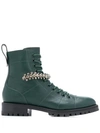 Jimmy Choo Cruz Flat Dark Green Grainy Leather Combat Boots With Crystal Detail