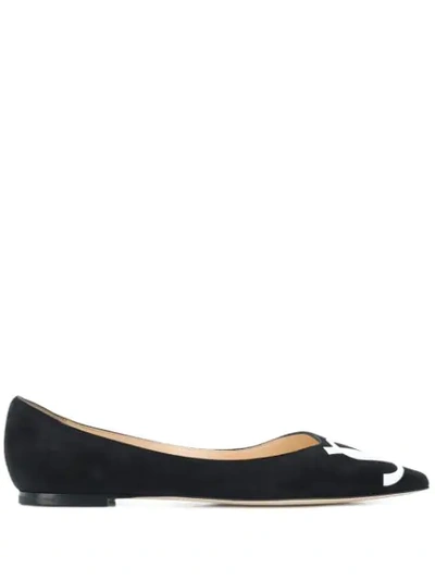 Jimmy Choo Love Flat/jc Black Suede Flat Pumps With White Patent Jc Emblem