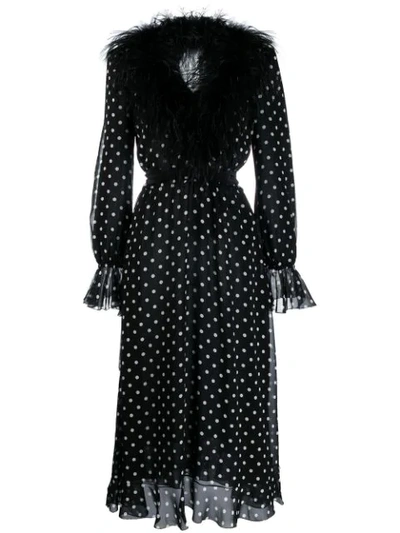 Alessandra Rich Marabou-trimmed Polka-dot Silk Midi Dress In Blk Wht