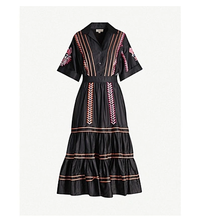 Temperley London Cher Embroidered Tiered Cotton Midi Dress In Black