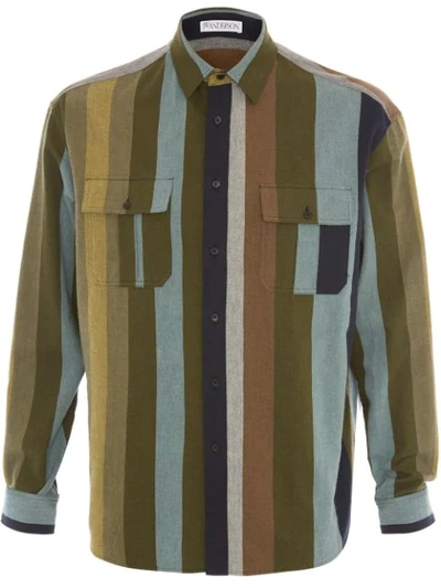 Jw Anderson Oversized Striped Cotton Flannel Shirt In Green