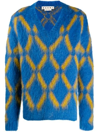 Marni V-neck Diamond-intarsia Mohair-blend Sweater In Inb60 Blue