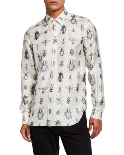 Alexander Mcqueen Men's Bug-print Silk Sport Shirt In White/black