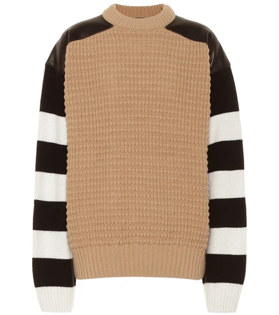 Haider Ackermann Leather-paneled Striped Fleece Wool And Cashmere-blend Sweater In Camel