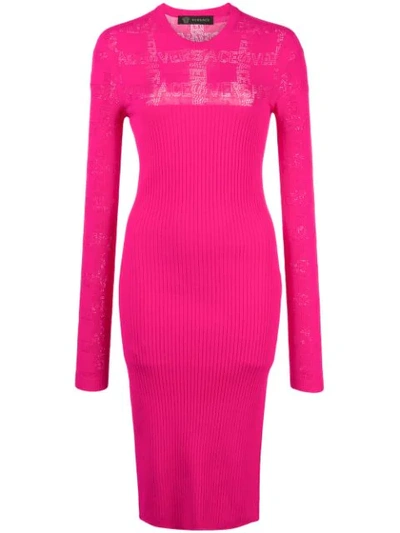 Versace Tattoo Knit Long Sleeve Sweater Dress In Pink