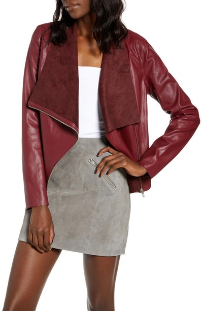 Blanknyc Onto The Next Faux Leather Drape Front Jacket In Rich Berry