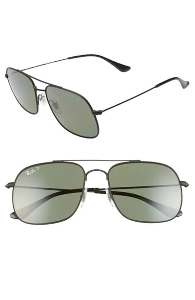 Ray Ban 56mm Polarized Navigator Sunglasses In Rubber Black/ Green Solid