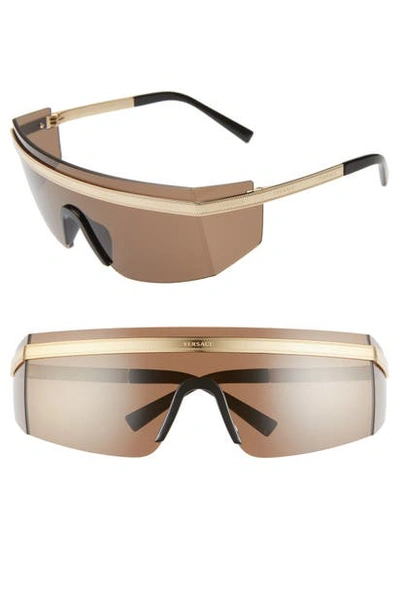Versace 65mm Shield Wrap Sunglasses - Gold/ Brown Solid