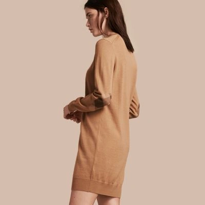 Burberry Check Elbow Detail Merino Wool Sweater Dress In Camel | ModeSens