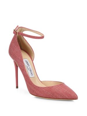 Jimmy Choo Lucy Suede-trim Raffia D'orsay Ankle-strap Pumps In Pink ...