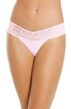Hanky Panky Mid Rise Lace Trim Thong In Cotton Candy Pink