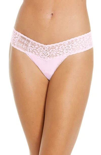 Hanky Panky Mid Rise Lace Trim Thong In Cotton Candy Pink