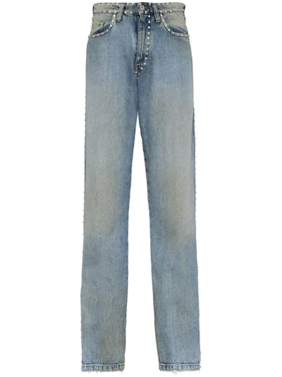 Miu Miu Glass Crystal Trim Straight Leg Jeans In Blue