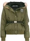 Miu Miu Racoon Fur Collar Puffer Jacket In Green