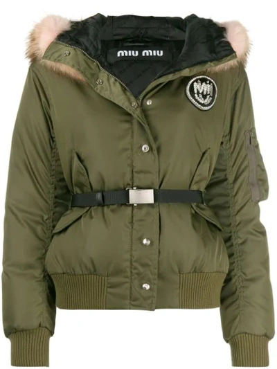 Miu Miu Racoon Fur Collar Puffer Jacket In Green