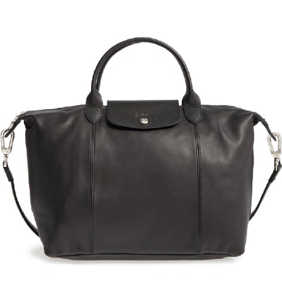 Longchamp Medium 'le Pliage Cuir' Leather Top Handle Tote - Black