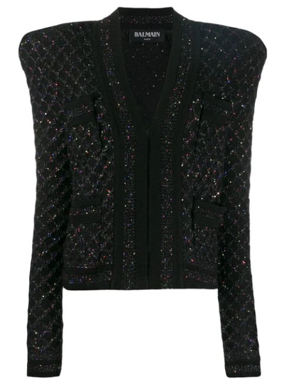 Balmain Fringed Metallic Tweed Jacket In Black