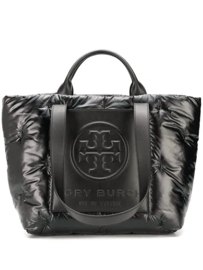 Tory Burch Logo Padded Nylon & Leather Tote Bag In Black