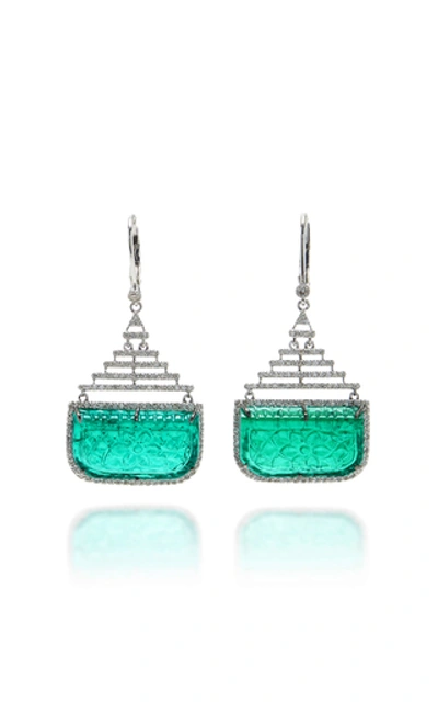 Amrapali Carved Glass And Diamond Earrings In Green
