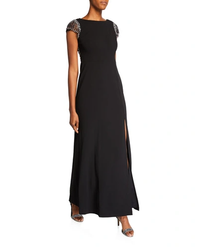 Aidan Mattox Cap-sleeve Gown With Beaded Low Back In Black