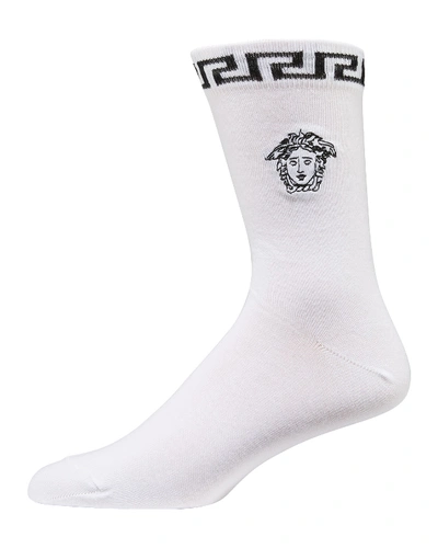 Versace Men's Signature Medusa Head/greek Key Socks In White/black