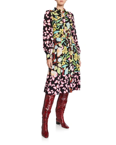 Andrew Gn Patchwork Silk Long-sleeve Shirtdress In Black/pink