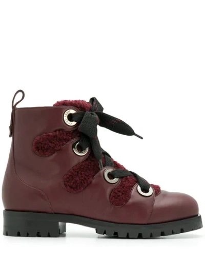 Jimmy Choo Bei Flat Bordeaux Smooth Leather Ankle Boots With Shearling Lining And Metal Eyelets In Red