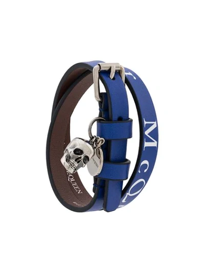Alexander Mcqueen Blue Logo-print Leather Wrap Bracelet In 9075