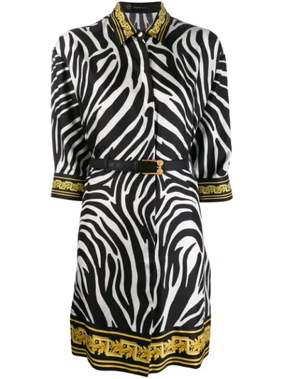 Versace Contrast Trim Zebra Print Belted Silk Shirtdress In Animal Print