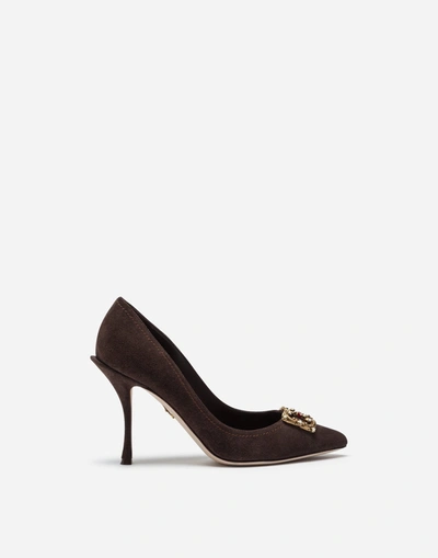 Dolce & Gabbana Split-grain Leather Pumps With Dg Amore Logo In Brown