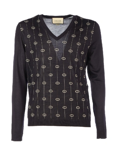 Gucci V Neck Gg Wool Sweater In Blue